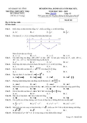 Đề kiểm tra, đánh giá cuối học kỳ 1 Toán Lớp 12 - Mã đề 202 - Năm học 2021-2022 - Trường THPT Đức Thọ (Có đáp án)