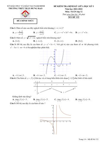 Đề kiểm tra định kỳ giữa học kì 1 Toán Lớp 12 - Mã đề 132 - Năm học 2021-2022 - Trường THPT Trần Hưng Đạo