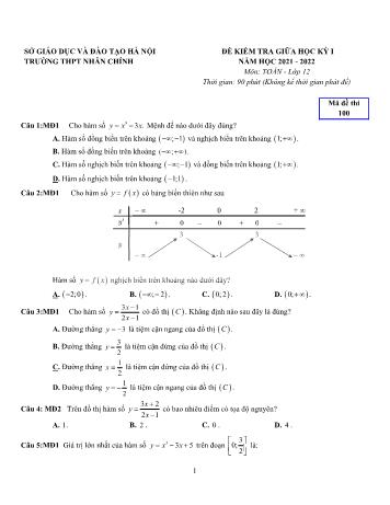 Đề kiểm tra giữa học kỳ 1 Toán Lớp 12 - Mã đề 100 - Năm học 2021-2022 - Trường THPT Nhân Chính