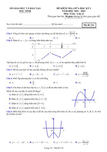 Đề kiểm tra giữa học kỳ 1 Toán Lớp 12 - Mã đề 136 - Năm học 2021-2022 - Sở GD&ĐT Bắc Ninh (Có đáp án)