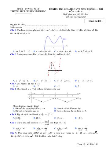 Đề kiểm tra giữa học kỳ 1 Toán Lớp 12 - Năm học 2021-2022 - Trường THPT chuyên Vĩnh Phúc (Có đáp án)