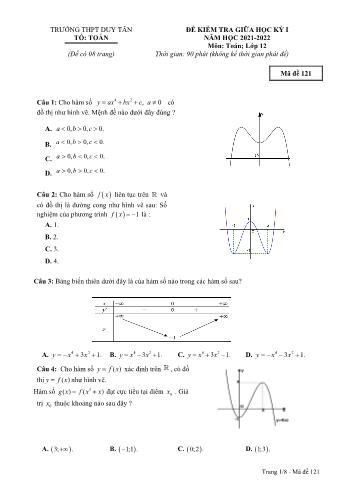 Đề kiểm tra giữa học kỳ 1 Toán Lớp 12 - Năm học 2021-2022 - Trường THPT Duy Tân (Có đáp án)