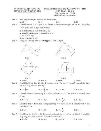 Đề kiểm tra giữa học kỳ 2 Toán Lớp 12 - Năm học 2021-2022 - Trường THPT Nguyễn Huệ (Có đáp án)