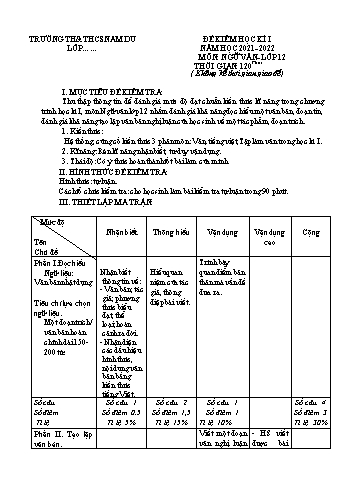 Đề kiểm tra học kì 1 Ngữ văn Lớp 12 - Năm học 2021-2022 (Có hướng dẫn chấm)