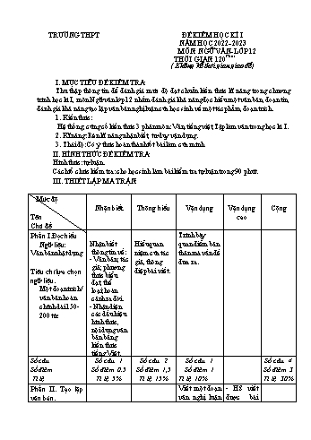 Đề kiểm tra học kì 1 Ngữ văn Lớp 12 - Năm học 2022-2023 (Có ma trận và hướng dẫn chấm)