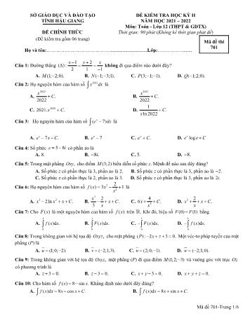 Đề kiểm tra học kì 2 Toán Lớp 12 - Mã đề 701 - Năm học 2021-2022 - Sở GD&ĐT Hậu Giang (Có đáp án)