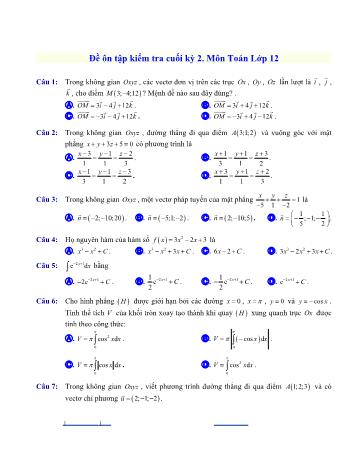 Đề ôn tập kiểm tra cuối kỳ 2 Toán Lớp 12 - Đề 2 - Năm học 2021-2022 (Có hướng dẫn giải)
