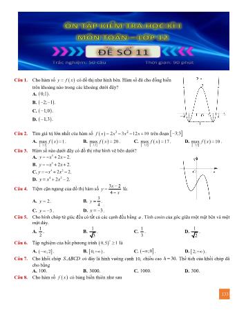 Đề ôn tập kiểm tra học kì 1 Toán Lớp 12 - Đề số 11 (Có lời giải)