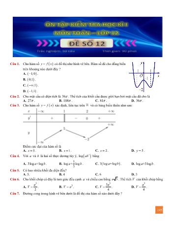 Đề ôn tập kiểm tra học kì 1 Toán Lớp 12 - Đề số 12 (Có lời giải)