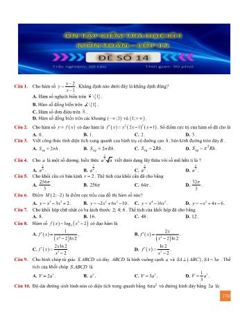 Đề ôn tập kiểm tra học kì 1 Toán Lớp 12 - Đề số 14 (Có lời giải)