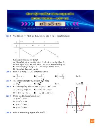 Đề ôn tập kiểm tra học kì 1 Toán Lớp 12 - Đề số 15 (Có lời giải)