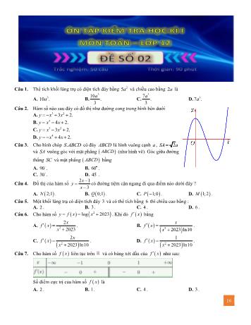 Đề ôn tập kiểm tra học kì 1 Toán Lớp 12 - Đề số 2 (Có lời giải)