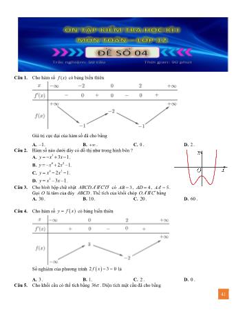 Đề ôn tập kiểm tra học kì 1 Toán Lớp 12 - Đề số 4 (Có lời giải)