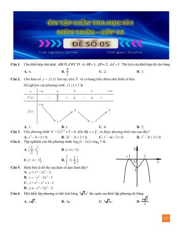 Đề ôn tập kiểm tra học kì 1 Toán Lớp 12 - Đề số 5 (Có lời giải)