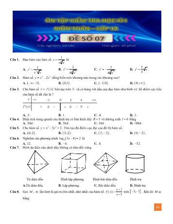 Đề ôn tập kiểm tra học kì 1 Toán Lớp 12 - Đề số 7 (Có lời giải)