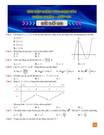 Đề ôn tập kiểm tra học kì 1 Toán Lớp 12 - Đề số 8 (Có lời giải)