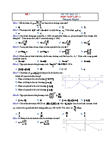 Đề thi học kì 1 môn Toán Lớp 12 - Đề 1 (Có đáp án)
