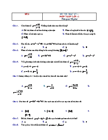 Đề thi học kì 1 môn Toán Lớp 12 - Đề 5 (Có đáp án)