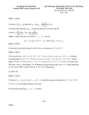 Đề thi học sinh giỏi cấp trường Toán Lớp 12 - Năm học 2021-2022 - Trường THPT chuyên Nguyễn Trãi (Có lời giải)