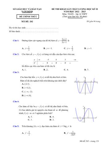 Đề thi khảo sát chất lượng học kì 2 Toán Lớp 12 - Năm học 2022-2023 - Sở GD&ĐT Nam Định (Có đáp án)
