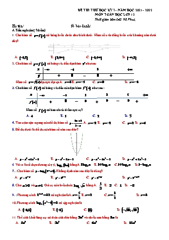 Đề thi thử học kì 1 Toán Lớp 12 - Năm học 2021-2022