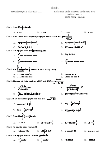 Kiểm tra chất lượng cuối học kì 2 Toán Lớp 12 (Có đáp án)