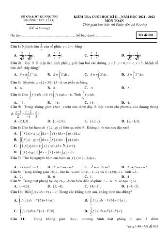 Kiểm tra cuối học kì 2 Toán Lớp 12 - Mã đề 001 - Năm học 2021-2022 - Trường THPT Lê Lợi (Có đáp án)