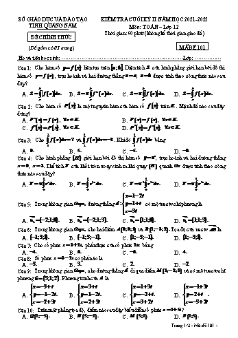 Kiểm tra cuối kì 2 Toán Lớp 12 - Mã đề 101 - Năm học 2021-2022 - Sở GD&ĐT Quảng Nam
