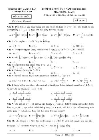 Kiểm tra cuối kì 2 Toán Lớp 12 - Mã đề 101 - Năm học 2022-2023 - Sở GD&ĐT Quảng Nam (Có đáp án)