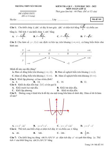 Kiểm tra giữa kì 1 Toán Lớp 12 - Mã đề 101 - Năm học 2021-2022 - Trường THPT Núi Thành (Có đáp án)