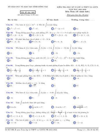 Kiểm tra học kì 2 Toán Lớp 12 - Mã đề 001 - Năm học 2021-2022 - Sở GD&ĐT Đồng Nai (Có hướng dẫn chấm)
