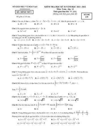 Kiểm tra học kì 2 Toán Lớp 12 - Năm học 2021-2022 - Sở GD&ĐT Bình Dương (Có đáp án)