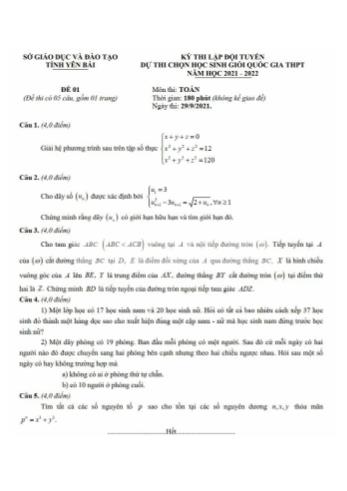 Kỳ thi lập đội tuyển dự thi chọn học sinh giỏi Quốc gia Toán Lớp 12 - Đề 01 - Năm học 2021-2022 - Sở GD&ĐT Yên Bái