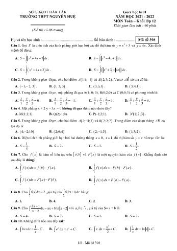 Đề giữa học kì 2 Toán Lớp 12 - Mã đề 398 - Năm học 2021-2022 - Trường THPT Nguyễn Huệ (Có đáp án)