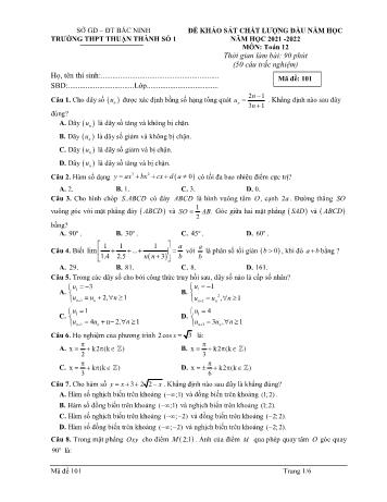 Đề khảo sát chất lượng đầu năm Toán Lớp 12 - Mã đề 101 - Năm học 2021-2022 - Trường THPT Thuận Thành số 1 (Có đáp án)