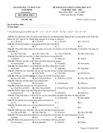 Đề khảo sát chất lượng học kì 1 Hóa học Lớp 12 - Năm học 2022-2023 - Sở GD&ĐT Nam Định (Có đáp án)
