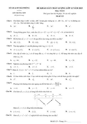 Đề khảo sát chất lượng Toán Lớp 12 - Mã đề 123 - Năm học 2022-2023 - Sở GD&ĐT Hải Phòng (Có đáp án)