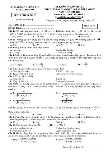 Đề khảo sát đánh giá chất lượng giáo dục Vật lí Lớp 12 - Mã đề 001 - Năm học 2022-2023 - Sở GD&ĐT Ninh Bình (Có đáp án)