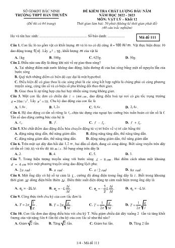 Đề kiểm tra chất lượng đầu năm Vật lí Lớp 12 - Mã đề 111 - Năm học 2022-2023 - Trường THPT Hàn Thuyên (Có đáp án)