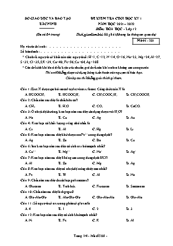 Đề kiểm tra cuối học kì 1 Hóa học Lớp 12 - Mã đề 201 - Năm học 2021-2022 - Sở GD&ĐT Bắc Ninh