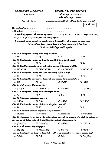 Đề kiểm tra cuối học kì 1 Hóa học Lớp 12 - Mã đề 201 - Năm học 2022-2023 - Sở GD&ĐT Bắc Ninh