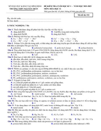 Đề kiểm tra cuối học kì 1 Hóa học Lớp 12 - Năm học 2021-2022 - Trường THPT Nguyễn Trân (Có đáp án)