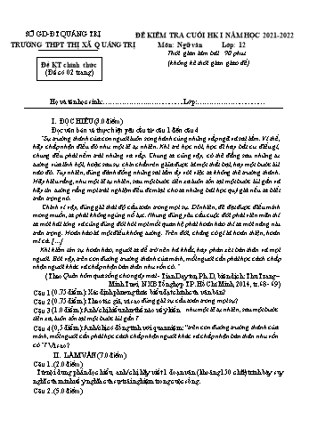 Đề kiểm tra cuối học kì 1 Ngữ văn Lớp 12 - Năm học 2021-2022 - Trường THPT Thị xã Quảng Trị (Có đáp án)