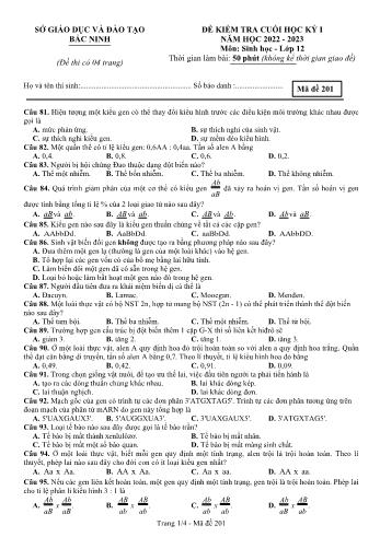 Đề kiểm tra cuối học kì 1 Sinh học Lớp 12 - Mã đề 201 - Năm học 2022-2023 - Sở GD&ĐT Bắc Ninh (Kèm đáp án)