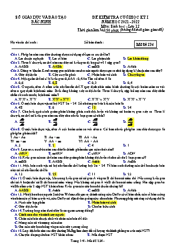 Đề kiểm tra cuối học kì 1 Sinh học Lớp 12 - Mã đề 234 - Năm học 2021-2022 - Sở GD&ĐT Bắc Ninh (Kèm đáp án)