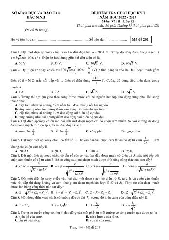 Đề kiểm tra cuối học kì 1 Vật lí Lớp 12 - Mã đề 201 - Năm học 2022-2023 - Sở GD&ĐT Bắc Ninh (Có đáp án)