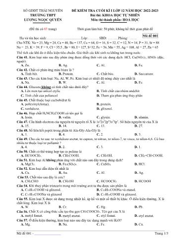 Đề kiểm tra cuối kì 1 Hóa học Lớp 12 - Mã đề 001 - Năm học 2022-2023 - Trường THPT Lương Ngọc Quyến (Có đáp án)
