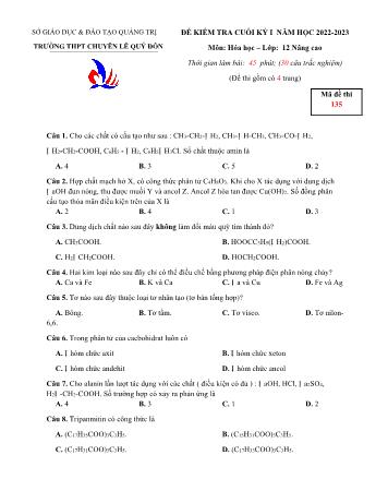 Đề kiểm tra cuối kì 1 Hóa học Lớp 12 (Nâng cao) - Năm học 2022-2023 - Trường THPT chuyên Lê Quý Đôn (Có đáp án)