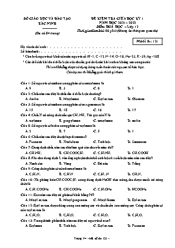 Đề kiểm tra giữa học kì 1 Hóa học Lớp 12 - Mã đề 121 - Năm học 2021-2022 - Sở GD&ĐT Bắc Ninh