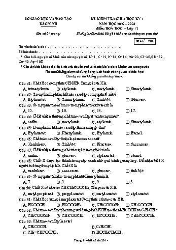 Đề kiểm tra giữa học kì 1 Hóa học Lớp 12 - Mã đề 201 - Năm học 2022-2023 - Sở GD&ĐT Bắc Ninh